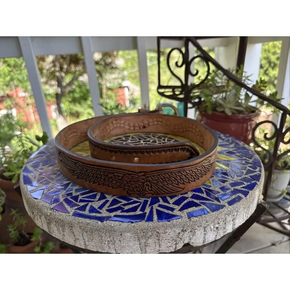 Vintage Hand-Tooled Leather Belt Eagle Motif Braided Western Artisan Crafted 38